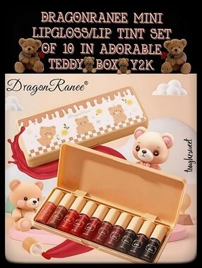 🆕️DRAGONRANEE MINI LIPGLOSS/LIP TINT SET OF 10 IN ADORABLE 🧸TEDDY🧸BOX *Y2K*